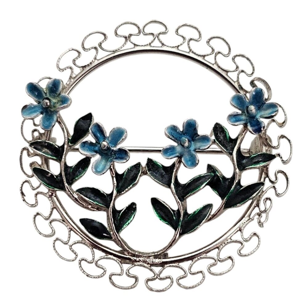 Beau Sterling Silver Blue Green Flower Enamel, Filigree Open Round Brooch, L496